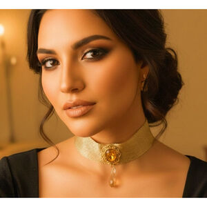 Gold Mesh Choker Necklace with Yellow Crystal & Drop Pendant